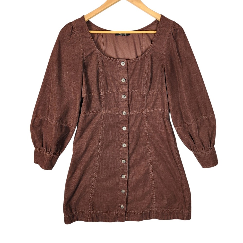 Madewell Corduroy Mini Dress Size 4 Brown Button Front Square Neck Puff Sleeve
